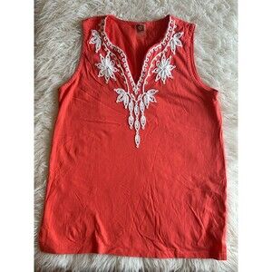 Ann Klein Women’s Size Large Coral Tank Top With Embroidery Trim Sleeveless